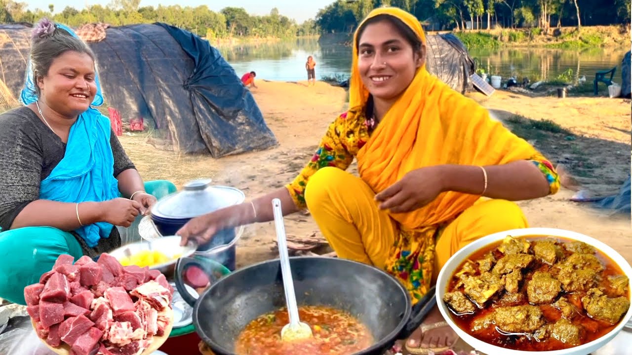 নদীর পারে সুন্দরী বেদে কন্যার মজার রান্না গরুর মাংস দিয়ে পেঁপে ভুন||bede life in Bangladesh 