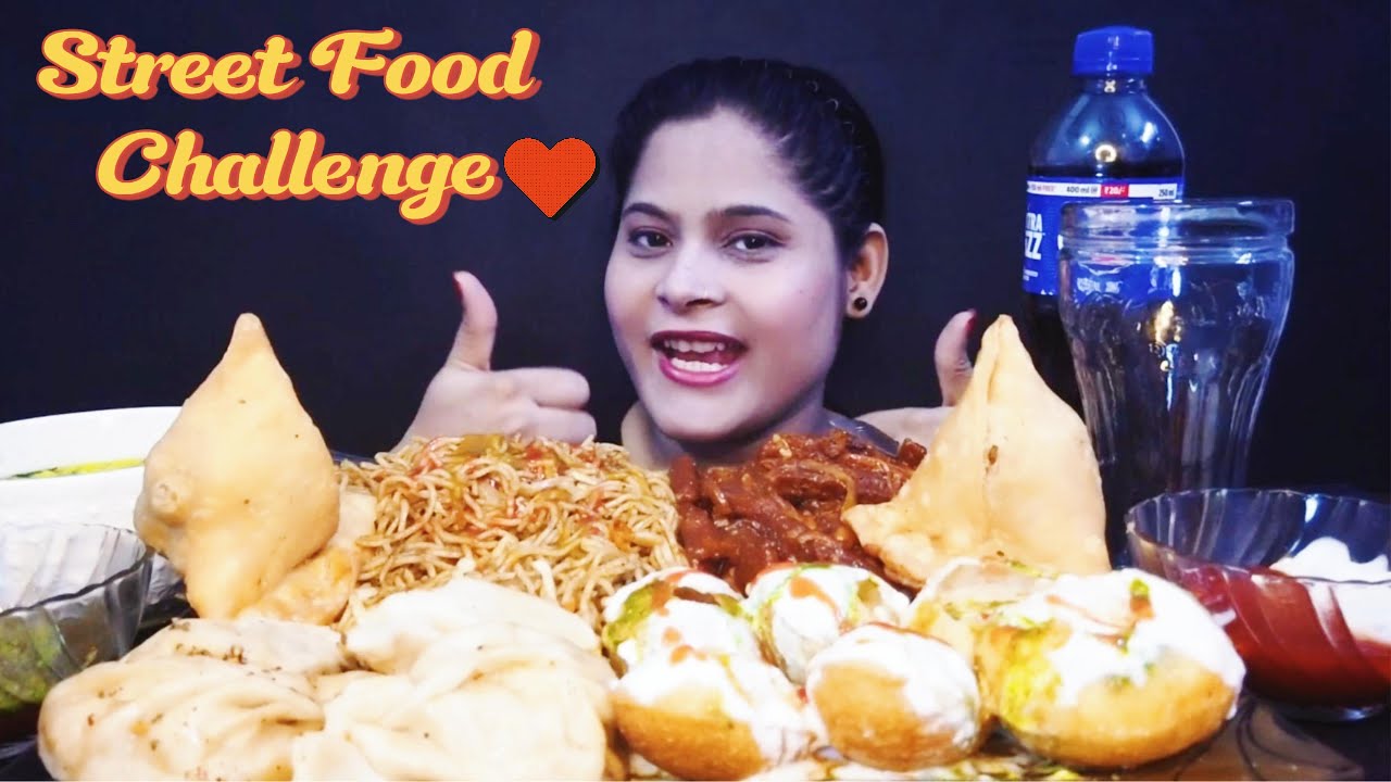 ASMR MUKBANG Delhi Street food challenge | Momos, Dahi Panipuri, Chowmein, Chilly Potato feast...