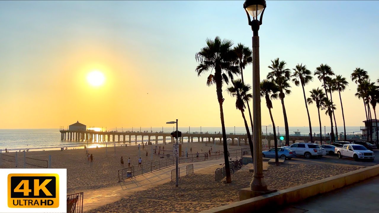 Hermosa Beach California Walking Tour to Manhattan Beach Pier Aquarium (4K 60FPS)