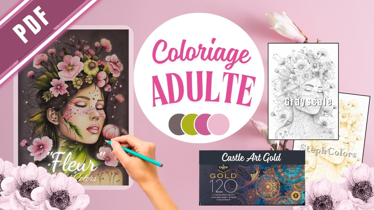 Coloriage artistique adulte – Fleur @Castle Arts  Gold & PanPastel