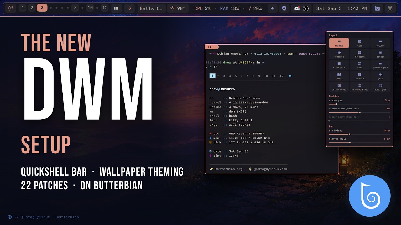 DWM с панелью Quickshell | Новый конфиг dwm на Butterbian