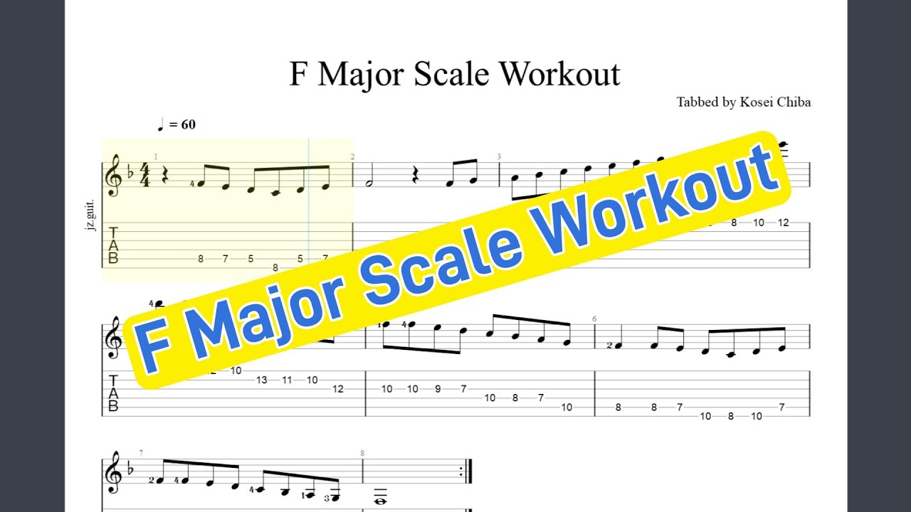 《 Guitar Exercise 324 》 F Major Scale Workout　Fメジャースケールで運指を鍛える！　60 BPM 【 Sheet Music / TAB 】