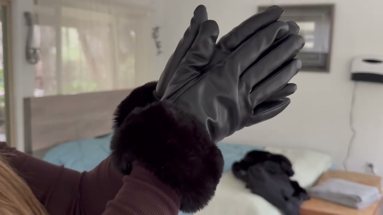 faux fur trimmed vegan leather gloves try on