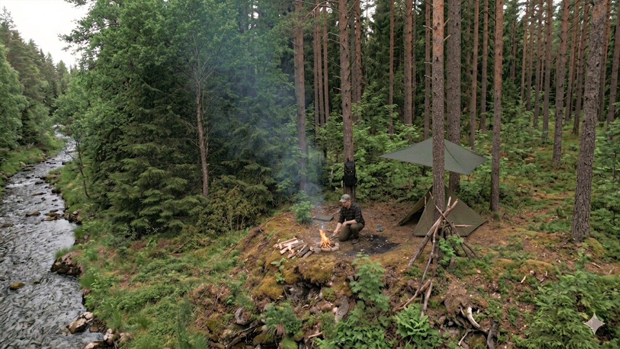 Solo bushcraft camping in the wilderness, Baking bread over a campfire