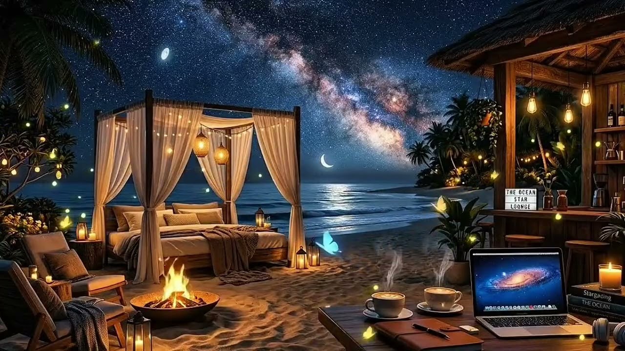Relaxing Spring Cozy Coffee Shop  on the Beach with Jazz Piano Background  Music