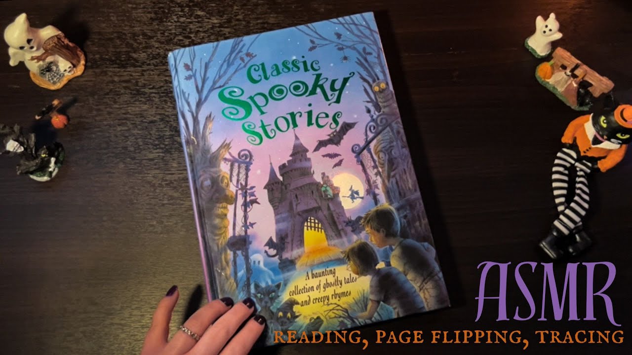 ASMR 🦇 flipping through a vintage Halloween book! (reading, page flipping, tracing, book tapping)