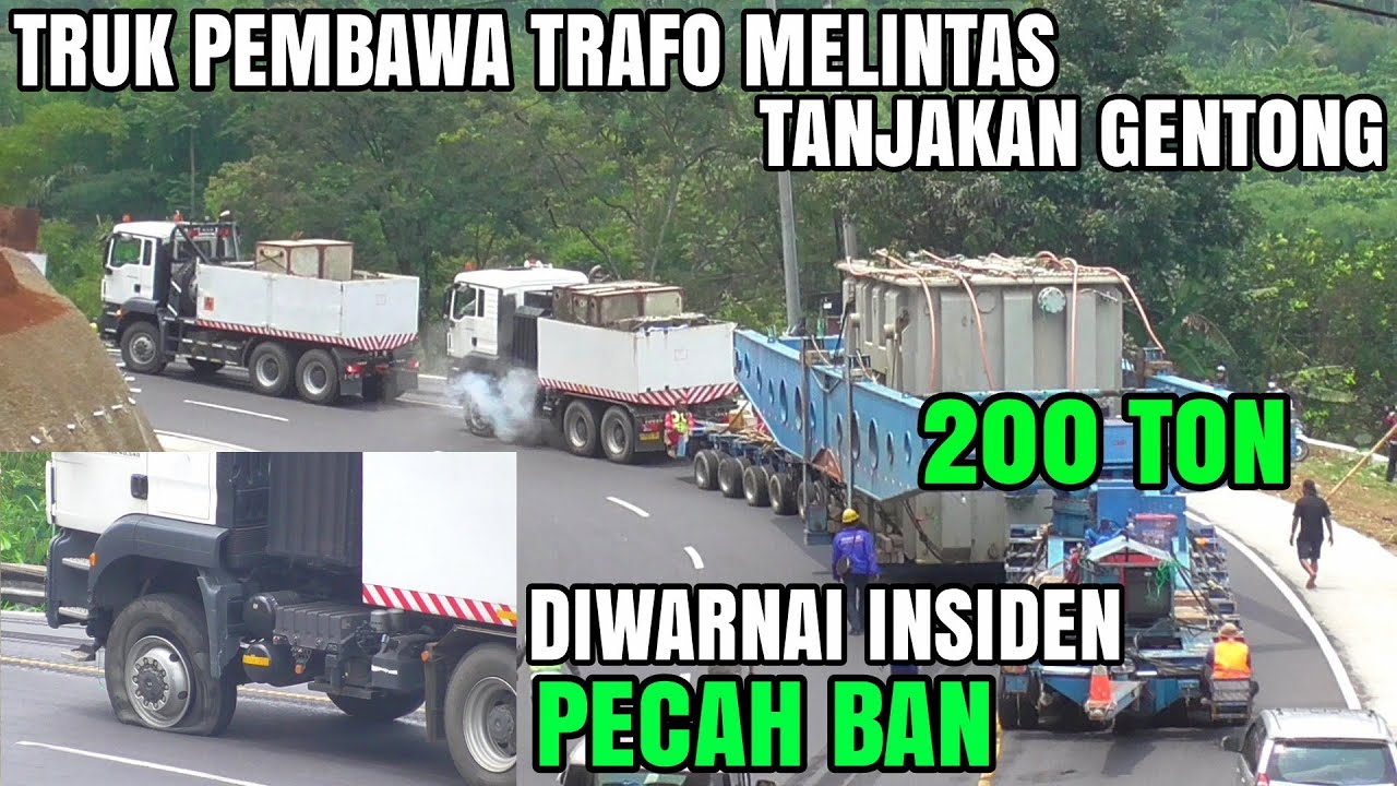 Terjadi Insiden Ban Meledak, Momen Sangat Luar Biasa 4 Truk Tarik Muatan Trafo Di tanjakan Gentong