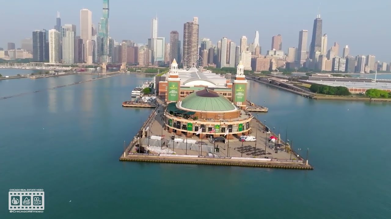 Navy Pier Chicago Illinois Lake Michigan Skyline 4K Stock Drone Video Footage DJI Mavic 3
