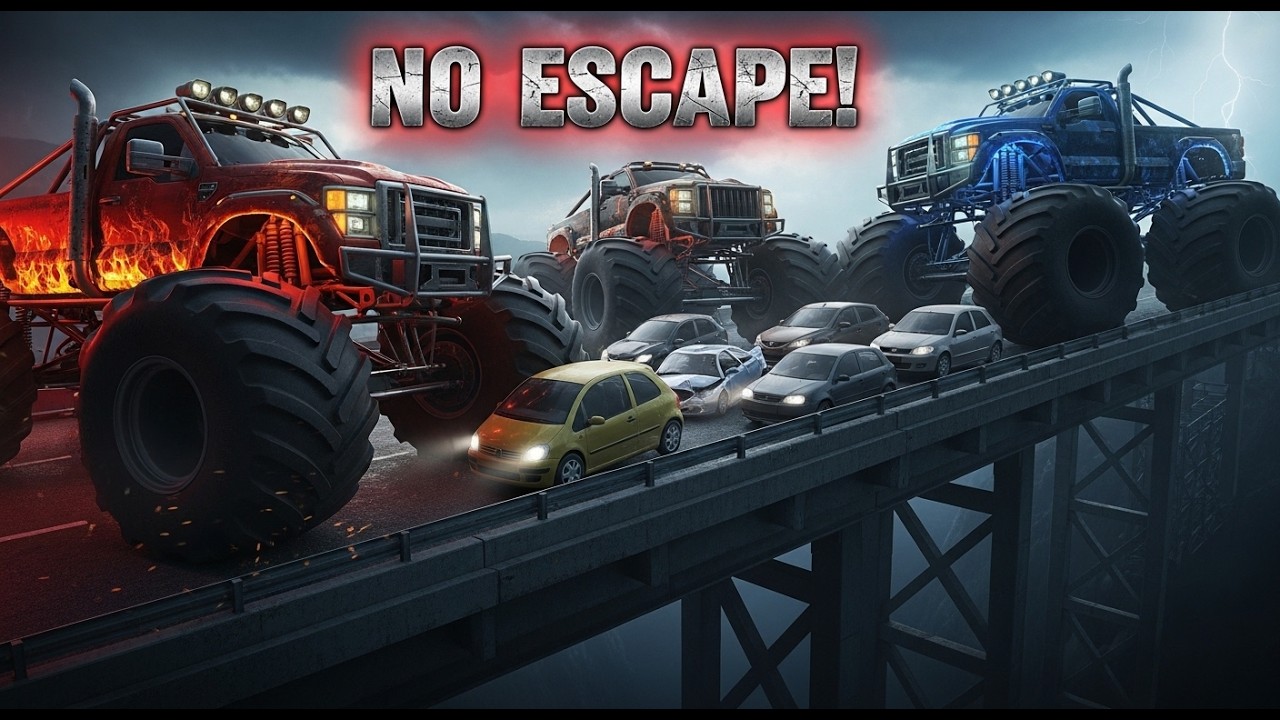 Monster Trucks vs Cars on a Stunt Bridge 😱