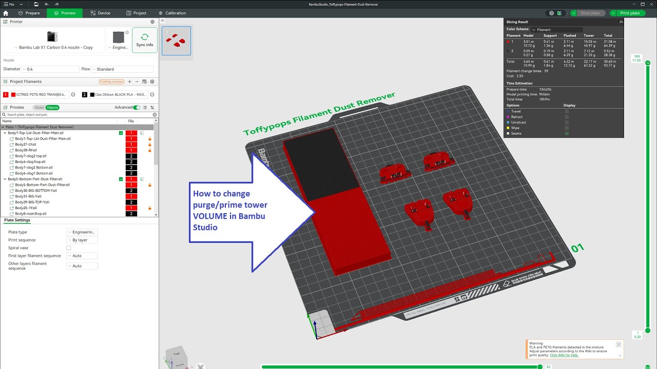 Flush to Prime in Bambu Studio - How to change/Prime-tower VOLUME (mm³)