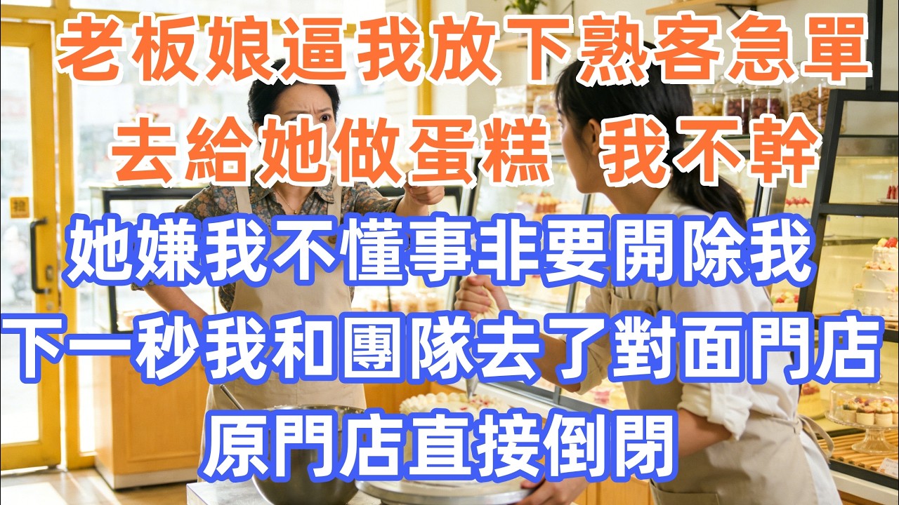 老板娘逼我放下熟客急單，去給她做蛋糕，我不幹，她嫌我不懂事非要開除我，下一秒我去和團隊對面門店，原門店直接倒閉        #職場 #职场 #故事 #家庭 #退休生活#情感