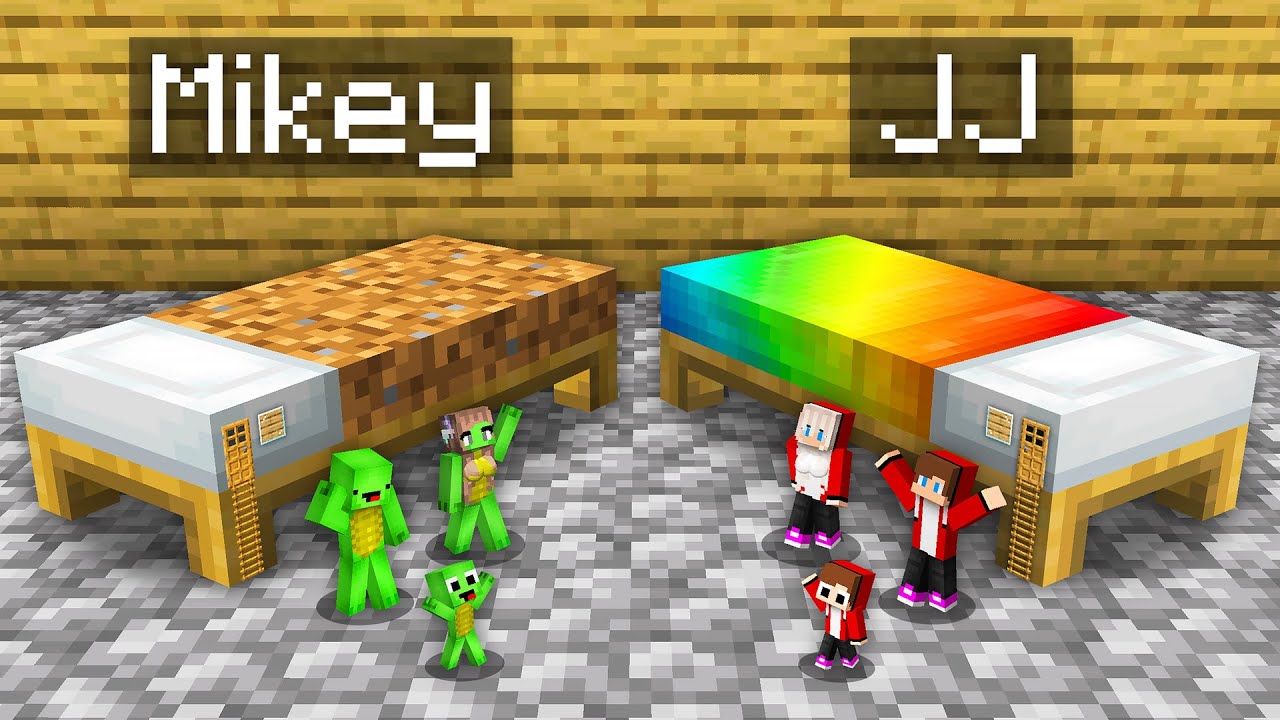 Mikey Family Dirt vs JJ Family Rainbow HOUSE INSIDE BED in Minecraft - Maizen