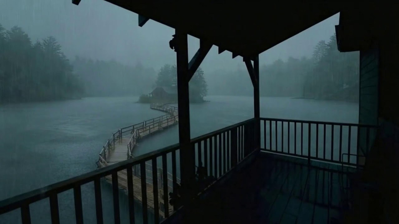 Heavy Rain on the Wooden Porch by the Lake, Bonfire and Thunderstorm Sounds To Helps Reduce stress