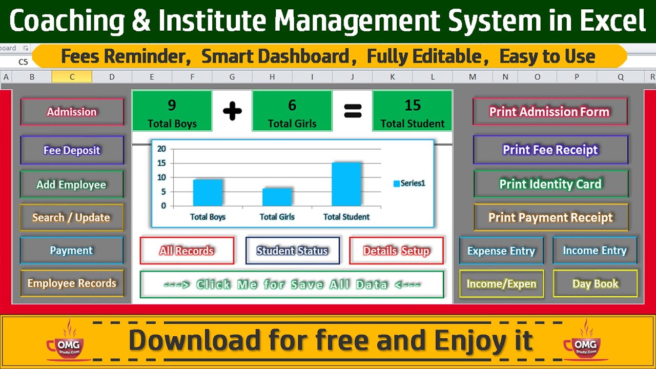 Coaching & Institute Management System in Excel with Fees Reminder - Free Download Excel File