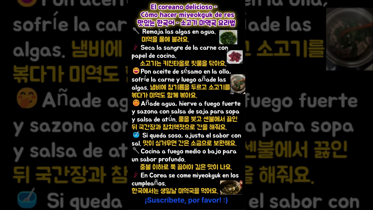 El coreano delicioso – Cómo hacer miyeokguk 맛있는 한국어 – 소고기 미역국 요리법 