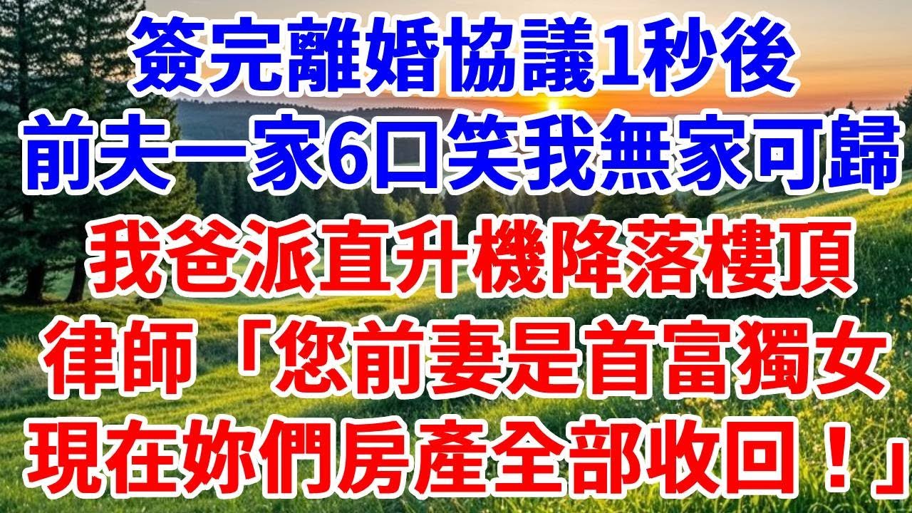 簽完離婚協議1秒後，前夫一家6口笑我無家可歸，我爸派直升機降落樓頂，律師：「您前妻是首富亨獨女，現在妳們家房產全部收回！」#詩涵講故事#為人處世#生活經驗#情感故事#晚年哲理#說故事#完結文#原創故事