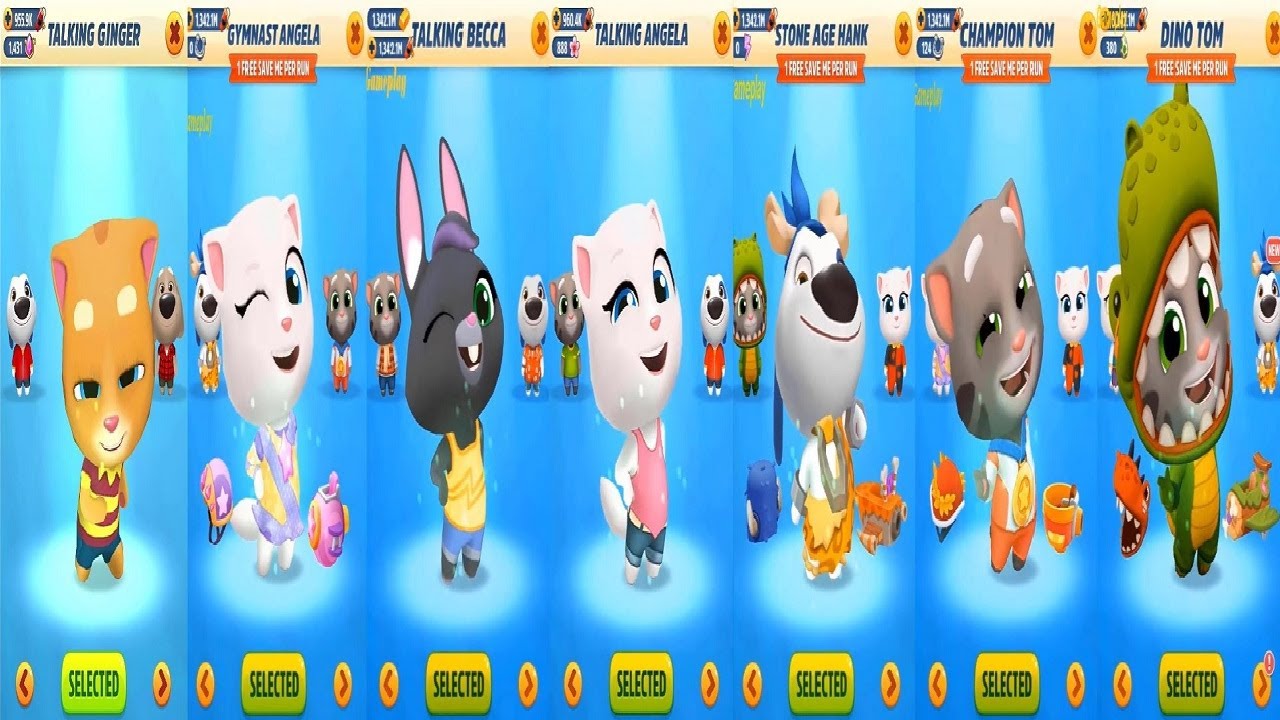 Talking Tom Gold Run Champion Tom VS Dino Tom Stone Age Hank Gymnast Angela Ginger Becca ANGELA