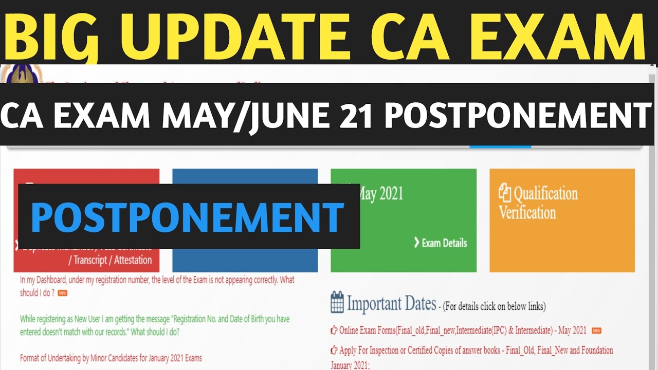 BIG UPDATE ON CA EXAM POSTPONEMENT | ICAI EXAM MAY/JUNE 2021