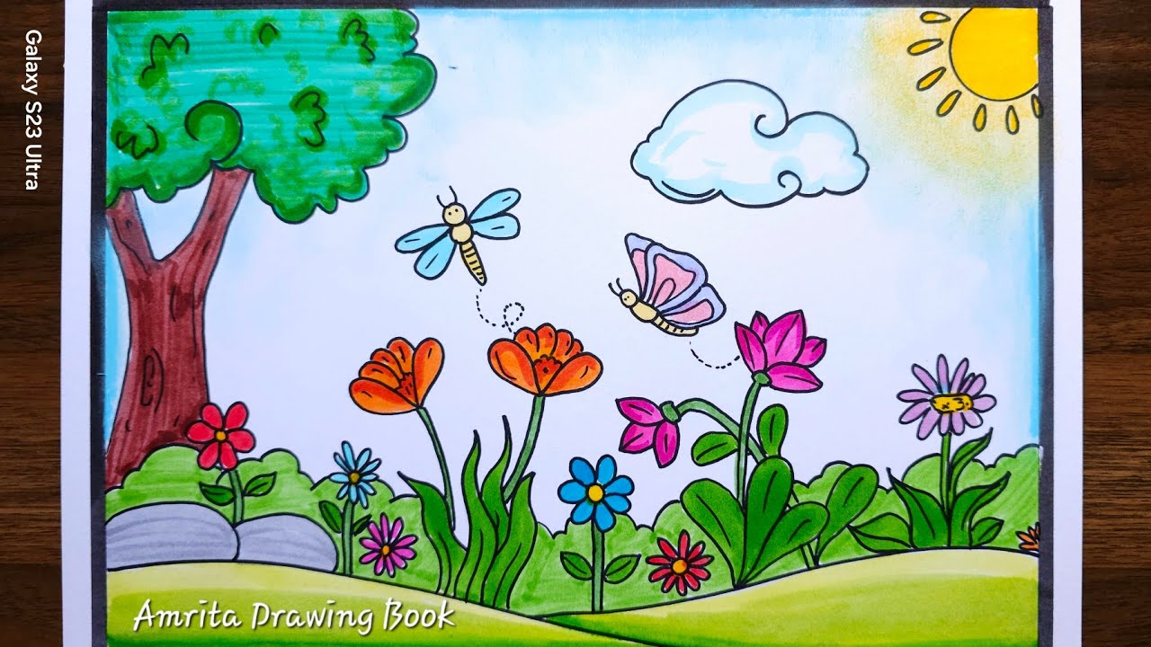 Spring Season Drawing Easy | Spring Season Drawing | How to Draw Spring Season | Flowers and Garden
