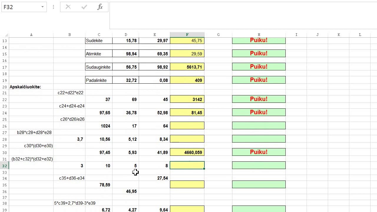 Skaičiuoklė Excel. Aritmetiniai veiksmai