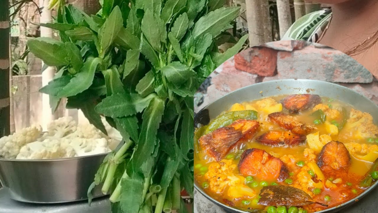 Bengali village dish rice cauliflower potato with rui macher jhol & sak varta 🌿👌