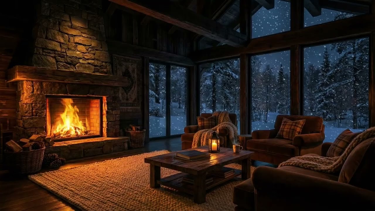 Silent Snowfall Outside & Crackling Fireplace | Peaceful Winter Night Ambience for Sleep