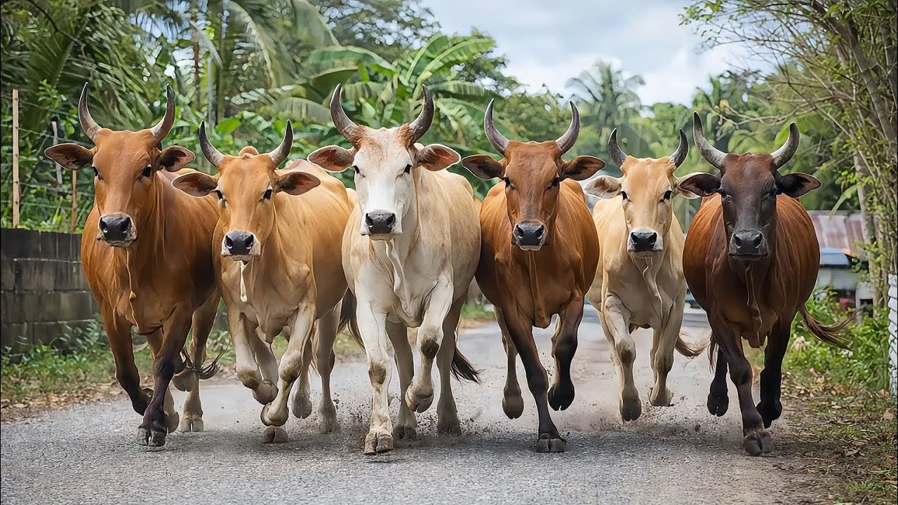 Dozens of tame cows walked in a crowd towards the pasture - Tame Cows - Cute Cows - Cows Sounds 99