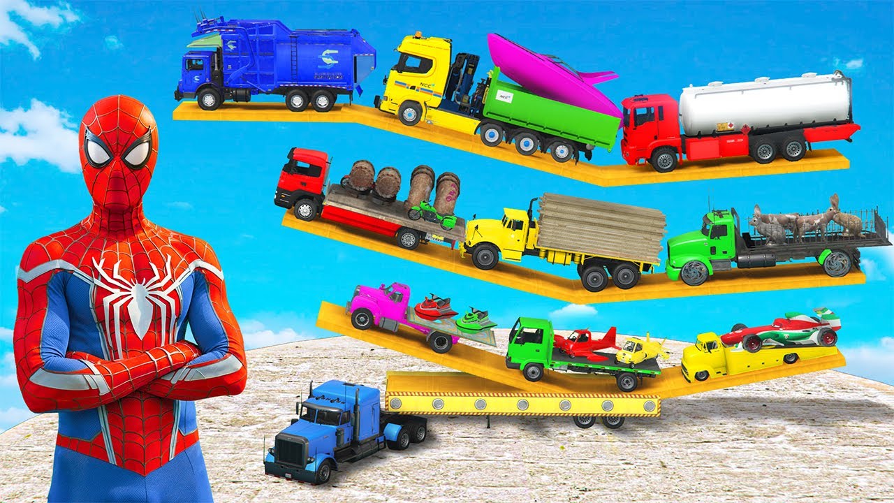 Gta V Spiderman Mods Police Car Fire Truck Ambulance Tractor Ferrari Bugatti in Multi Floors Trailer