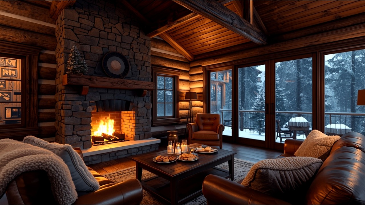 Winter Cabin Fireplace & Smooth Jazz 🎷 Deep Sleep, Relaxation & Stress Relief