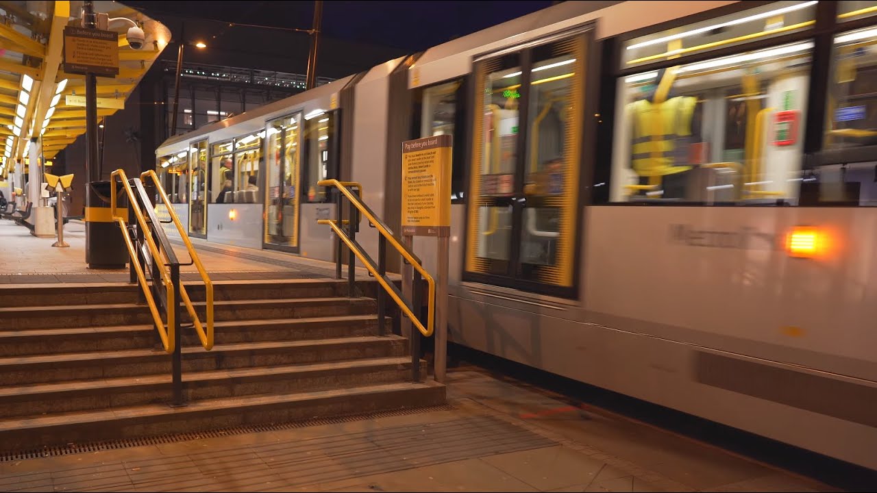 United Kingdom, Manchester, tram night ride from Trafford Bar to Exchange Square
