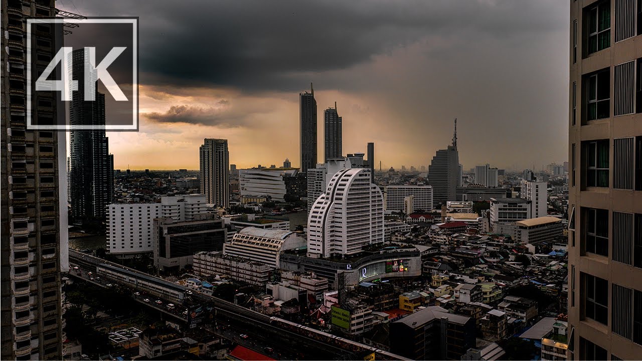 Bangkok, Thailand Sunset with Relaxing Rain and Thunderstorm Sounds | Binaural Sound | 4K ASMR