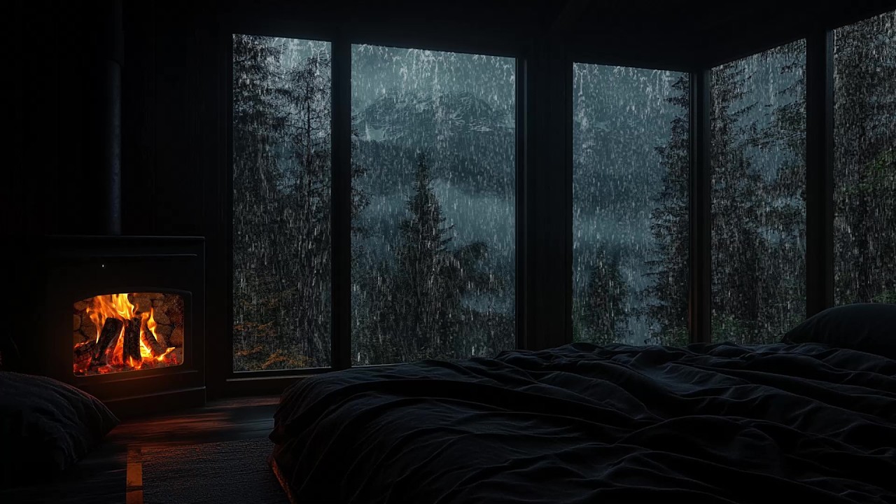 🕯️ Relaxing Rainy Night in a Wooden Cabin Bedroom | Rain on Window & Hearth Glow | Drift Off