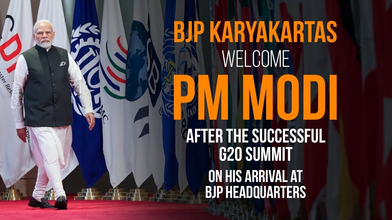 BJP karyakartas welcome PM Modi after the successful G20 Summit on his arrival at BJP headquarters.