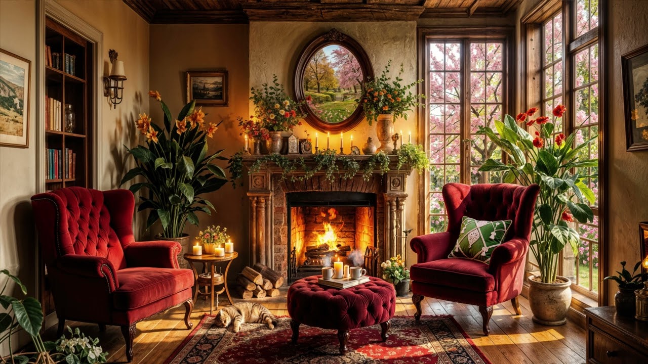 Spring Fireplace with Gentle Music (Piano and Cello)