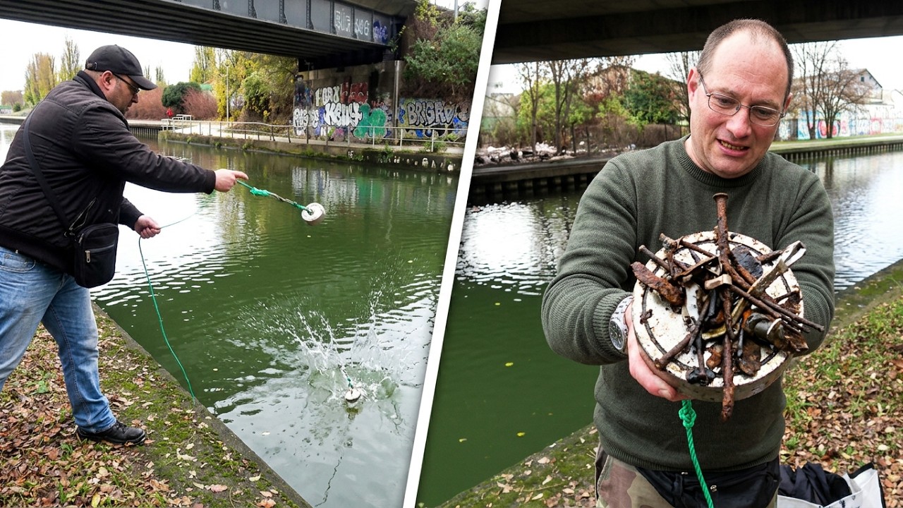 Pêche à l'aimant sur le canal de l'ourcq avec le chasseur de trésors éric - pont de Bondy