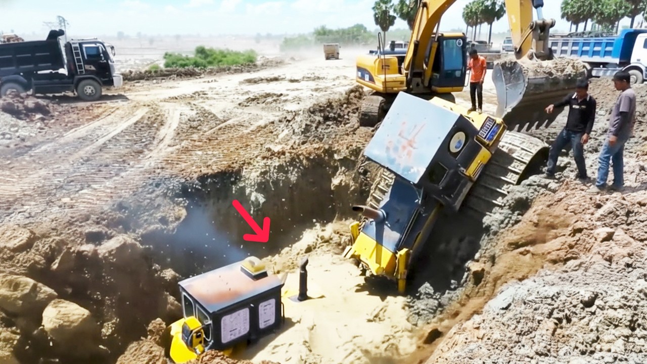 Worst Rescue Ever! Unexpected Disaster! Bulldozer Collapses Into Deep Muddy Pit During Construction
