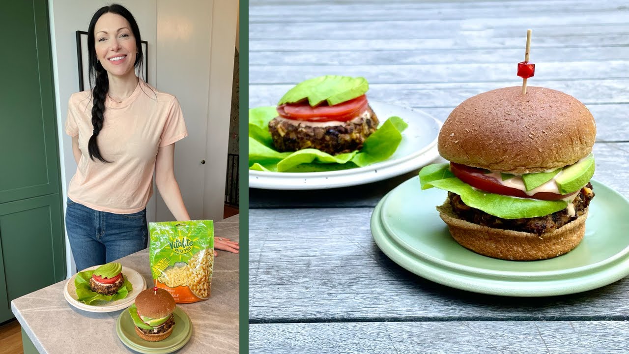 Cheddar Stuffed Black Bean Quinoa Burgers with Plant-Based Vitalite Cheese