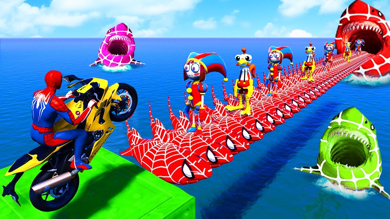 SPIDER MAN Takes on Spiral Bridge Stunt Ride on Motorcycle🦺🥽 الخارقين على القضبان دوامة قمع جس