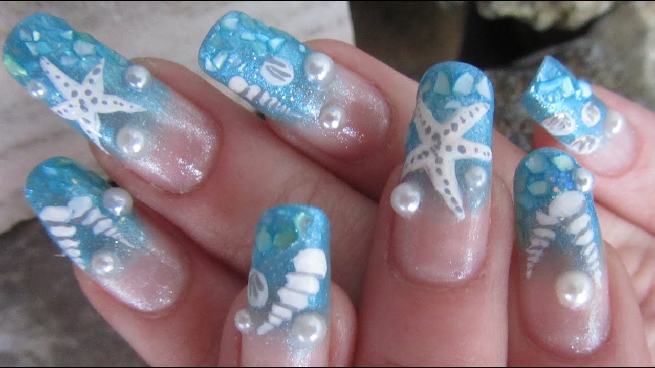 Ocean Sea Shell Design in Light Blue with Glitter and Half Pearls Nail Art Tutorial