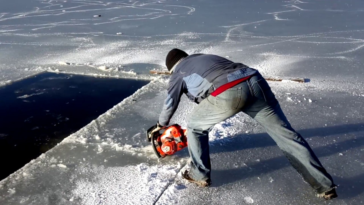 Cutting ice chainsaw Husqvarna 562 XP - cutting blocks