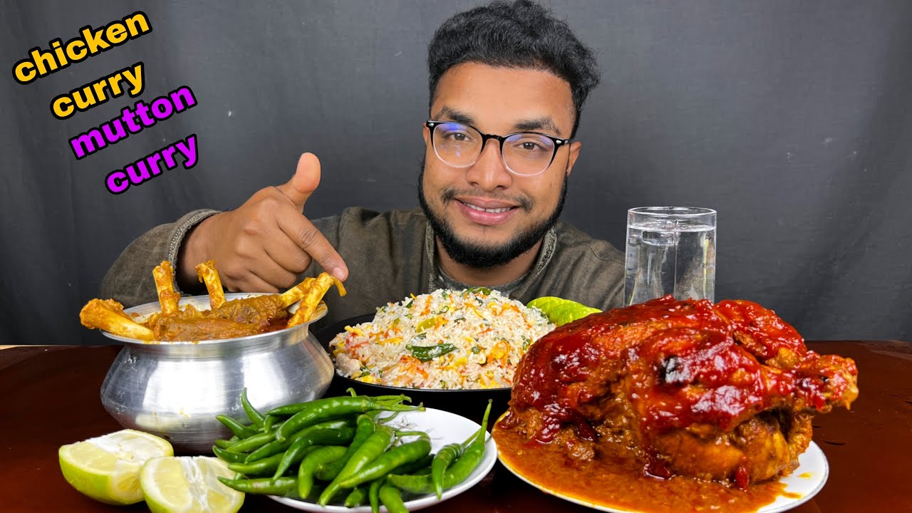 ASMR EATING MUTTON CURRY AND WHOLE CHICKEN CURRY WITH FRIED RICE , FOOD EATING VIDEOS , EATING SHOW