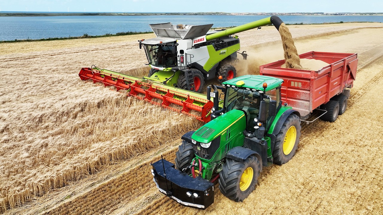 Claas Lexion 8700 harvesting barley with views over Ferring Lake | Big Harvest