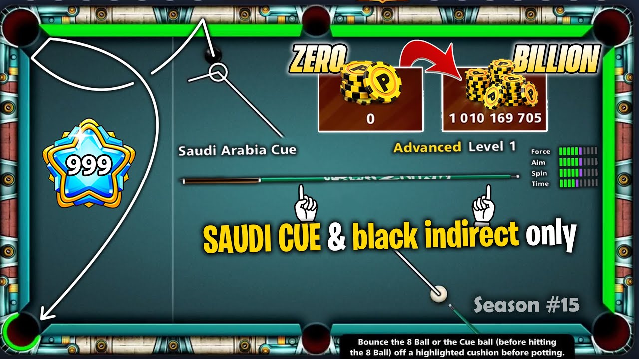 Level 999 Trickshot - Zero to 1 Billion Coins w SAUDI Cue & Black indirect only - 8 Ball Pool