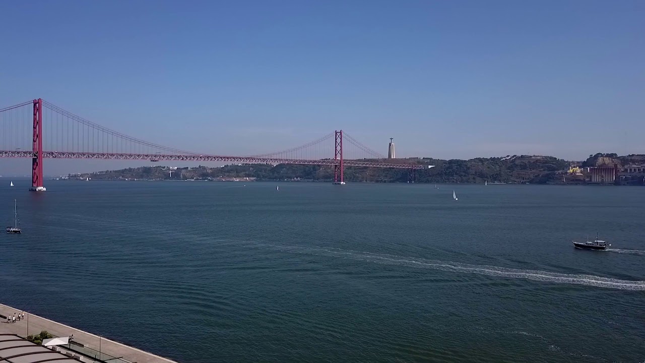View of Tejo River at Lisbon - Portugal - Drone Footage