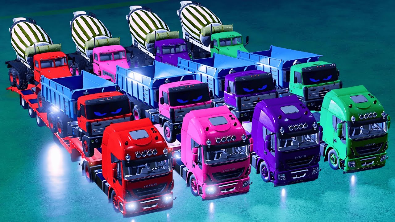 TRANSPORTING MIXER TRUCK, IVECO, TATRA, COLORFUL CARS WITH TRUCK - FS22