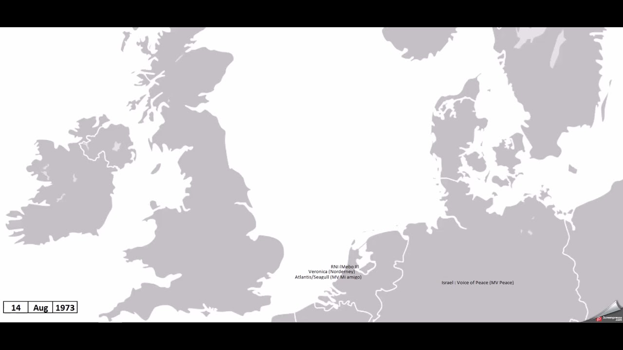 Timeline European Offshore Radio on a map (from 1July 1958 till 31 Dec 1990)