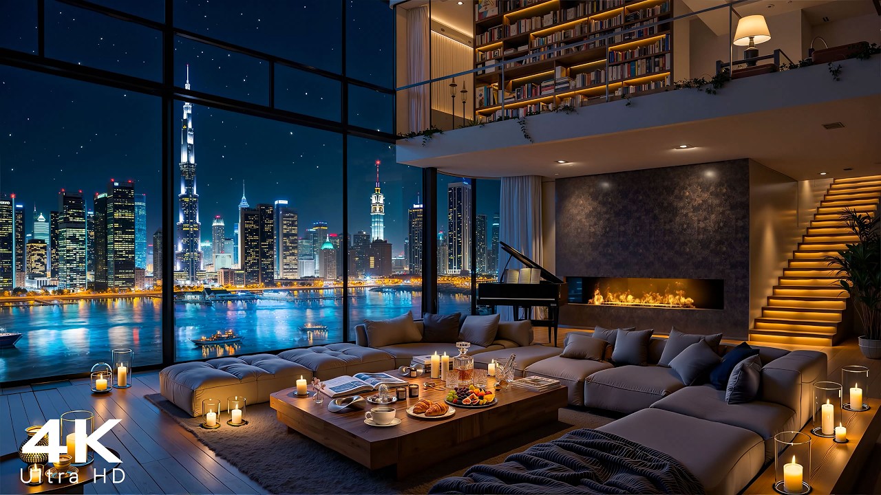4K Luxury Apartment with Soft Piano Jazz Music 🌃 Elegant Night Skyline for Work, Focus