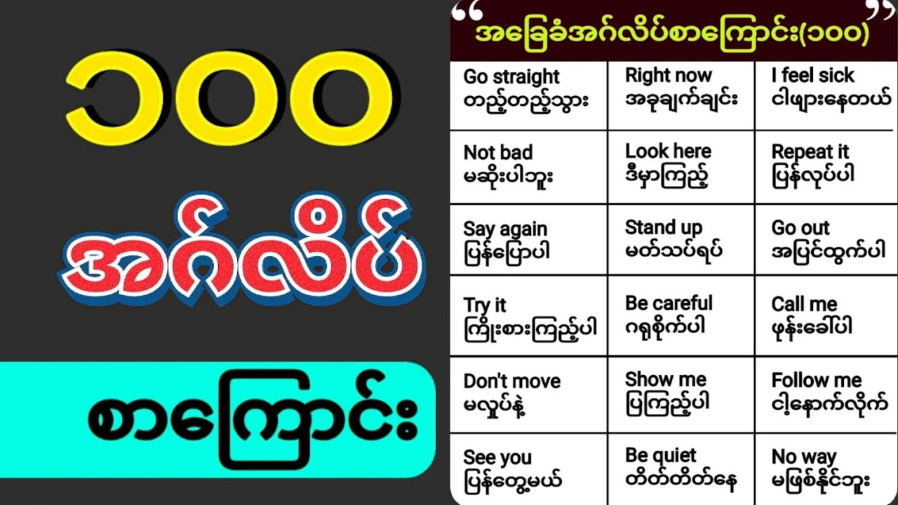 (၁၀၀)နေ့စဥ်သုံးအခြေခံအဂ်လိပ်စာကြောင်းများ || (100) Daily Use English Sentences