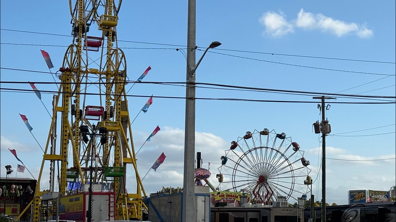 Margate Fair 2024 Sky Wheel, Sky Diver, Spider and Thunderbolt on the same lot. #fair #skywheel