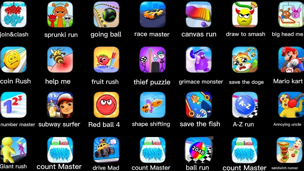 Count Master 3D, subway surfer,Mario kart, Going ball,Race master 3D, Shape shifting Sandwich runner